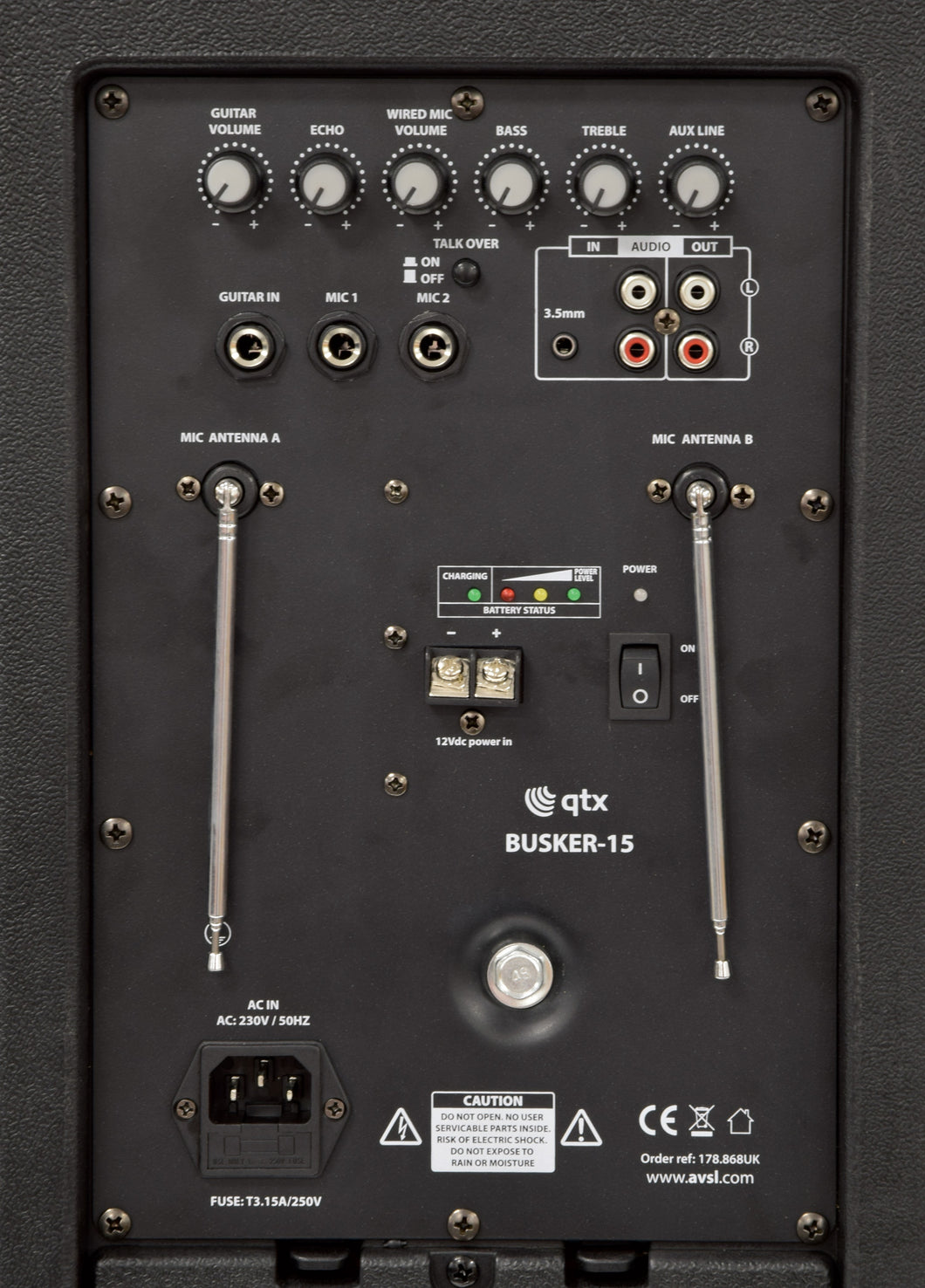 QTX Busker-15 PA + 2 x VHF mics + USB/SD/FM/BT