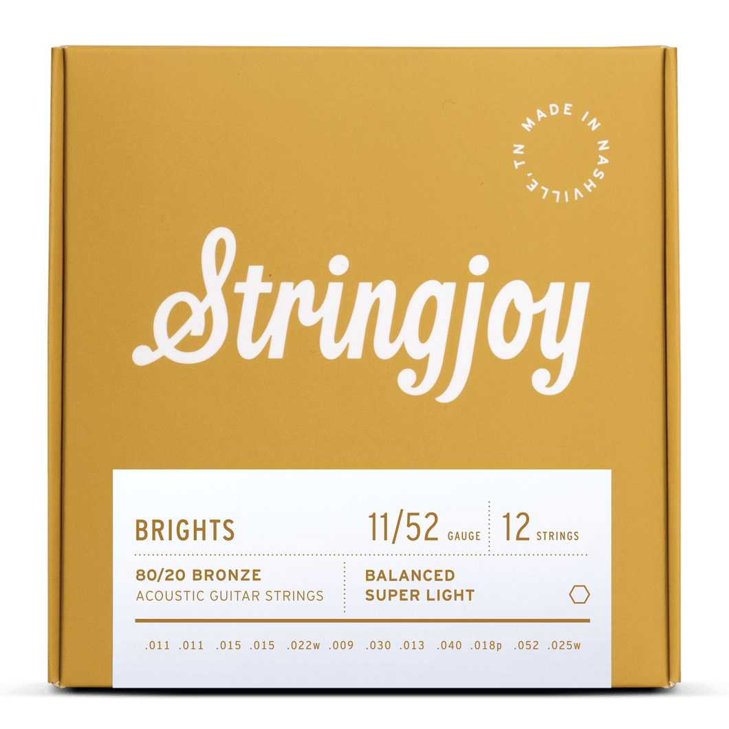 Stringjoy Brights | 12 String Super Light Gauge (11-52) 80/20 Bronze Acoustic Guitar Strings