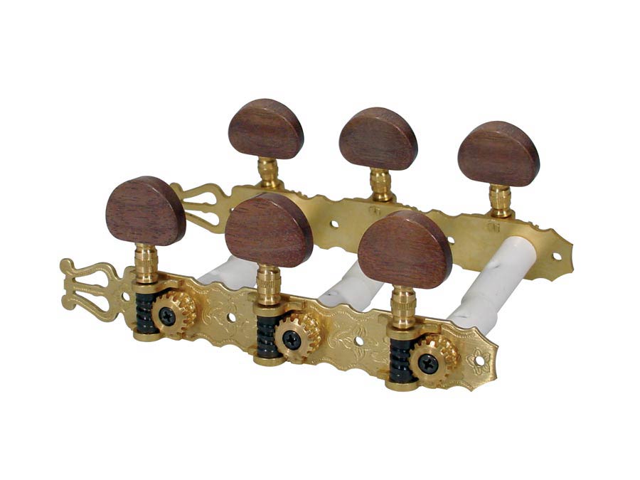 Machine heads for classic guitar, nylon shaft, 3x left+3x right, 70mm, solid brass, wood buttons