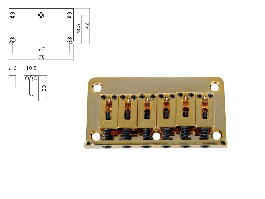 Bridge-tailpiece, Stallion, pitch 10,5mm, strings mounted in bridge, gold