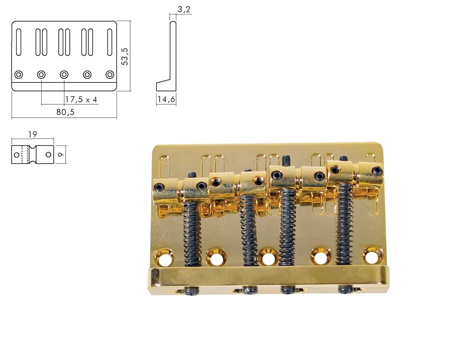 Bridge-tailpiece, Jocker/ Puncher bass, pitch 20mm, gold