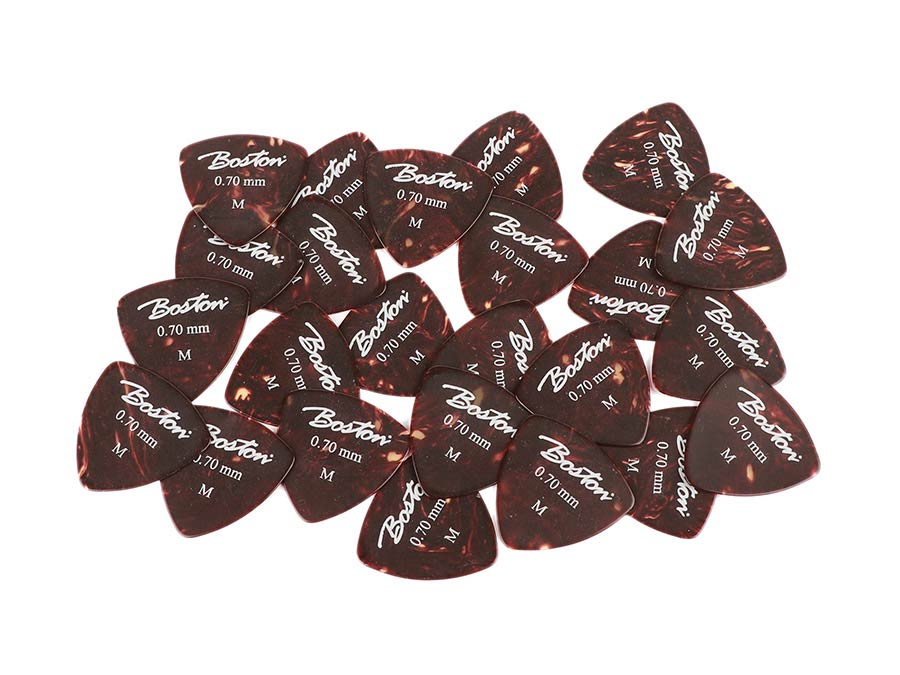 Picks, celluloid, tortoise, standard triangle model, 24-pack, medium, 0.70 mm.