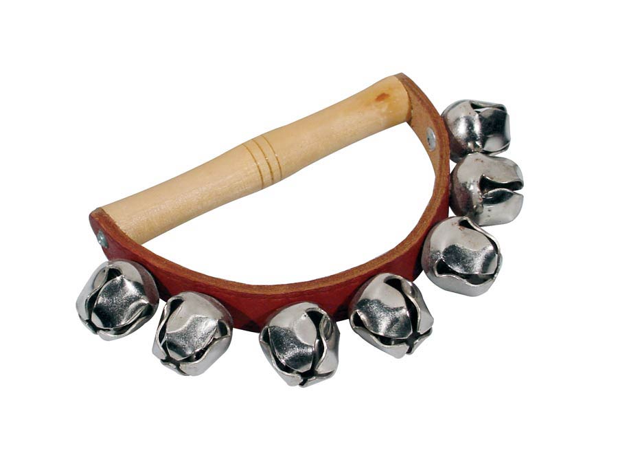 Hand jingle bells, with handle, wood and leather, 7 bells of 25 mm.