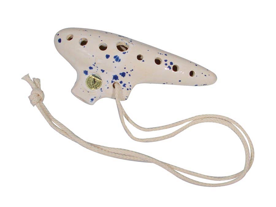 Ocarina, white-blue ceramic, with bag, key: F, 15 cm