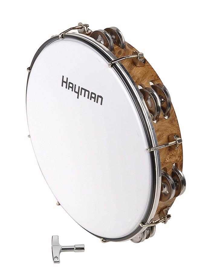 Tambourine, plastic drum head, tunable, wood grain plastic, 10