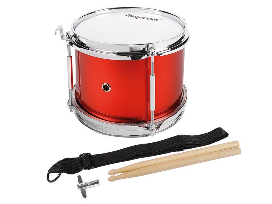 Junior snare drum, metallic red, with sticks, belt and hook, 8 inch