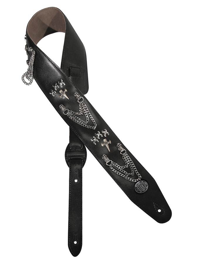Biker Series Guitar strap, black, with chains and crosses