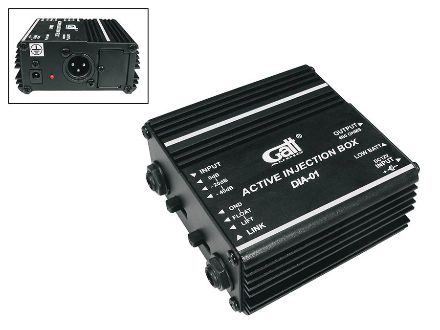 DI box active 9Volt, with parallel out, ground lift, 20db or 40db attenuation
