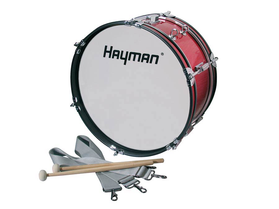 Junior marching bass drum, red, with straps, 18 inch, 7 inch deep