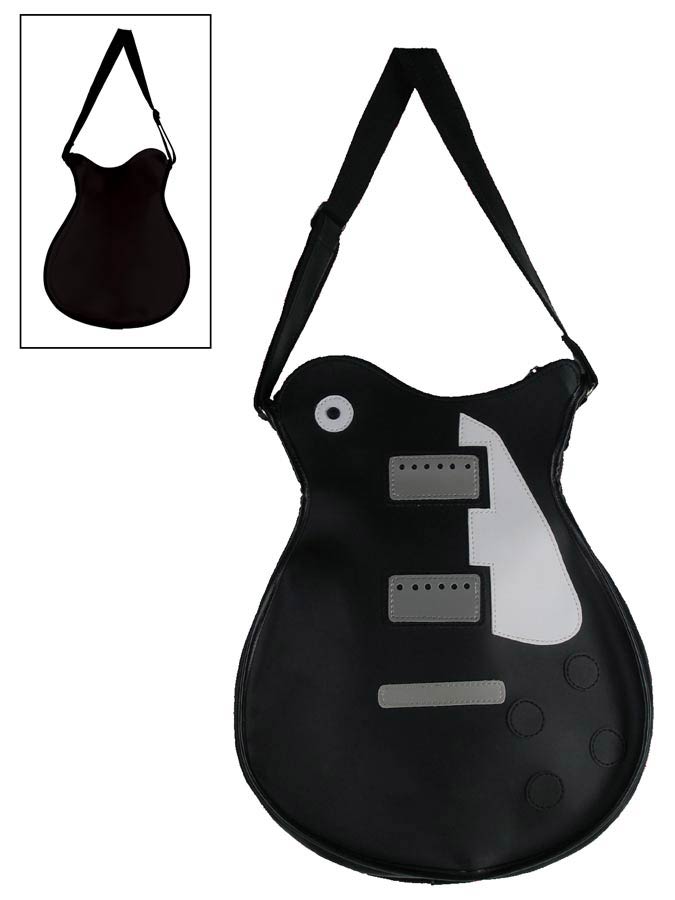 guitar shape shoulder bag, vinyl, LP-model, black and white