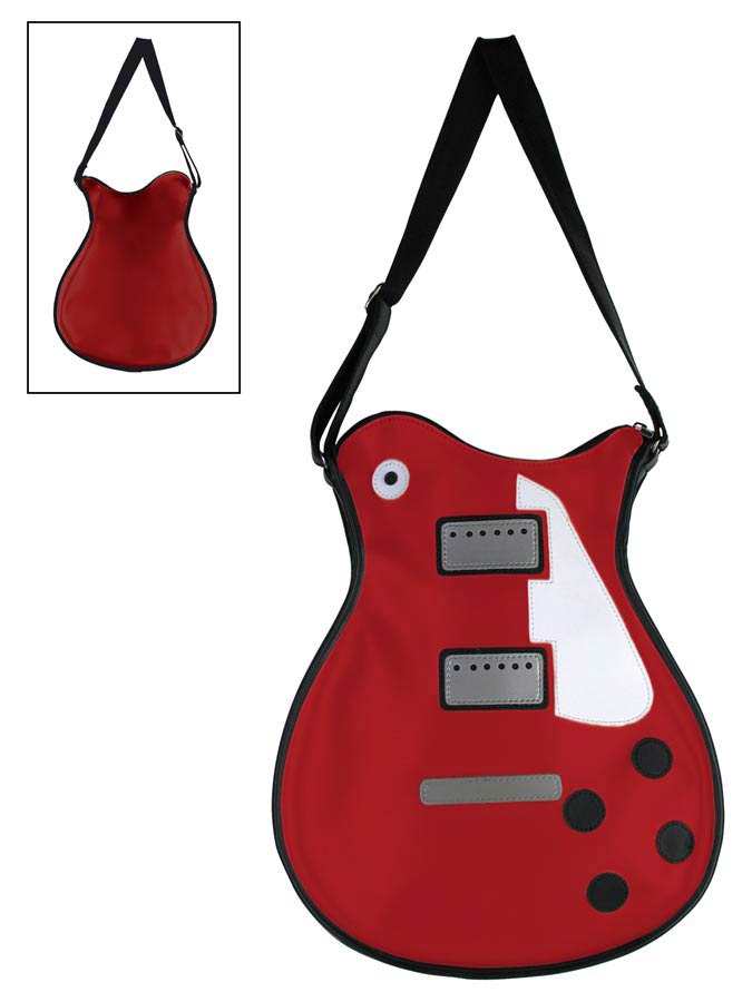 guitar shape shoulder bag, vinyl, LP-model, red and white