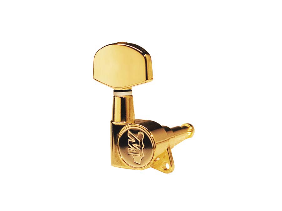 Machine heads for guitar, die cast, 3x left+3x right, low gearing 19:1, gold