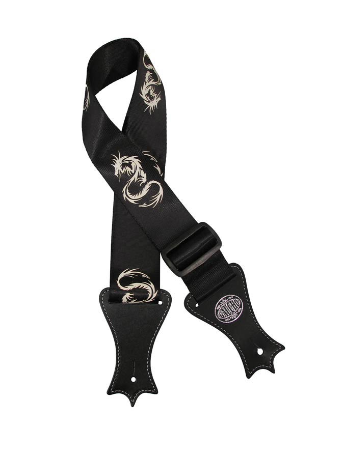 Icon Series Guitar strap, deluxe black nylon with leather slips, dragon print