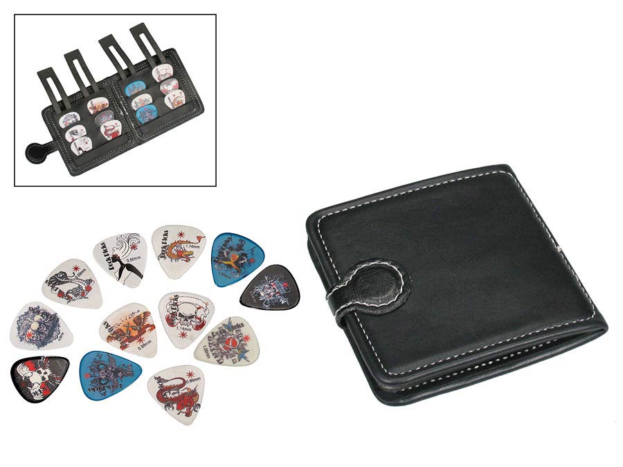 Pick pouch, black, PVC, with 12 celluloid picks, skulls and bones