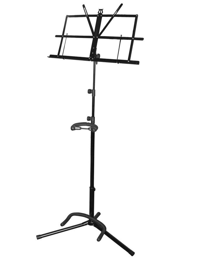 Guitar stand/music stand combination, metal, black, collapsible, with sheet music retainers