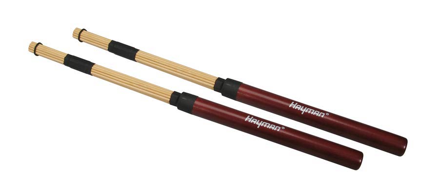Drum rods, bamboo, brown handle, 19 rods, rubber ring, length 410 mm., head diameter 15 mm.