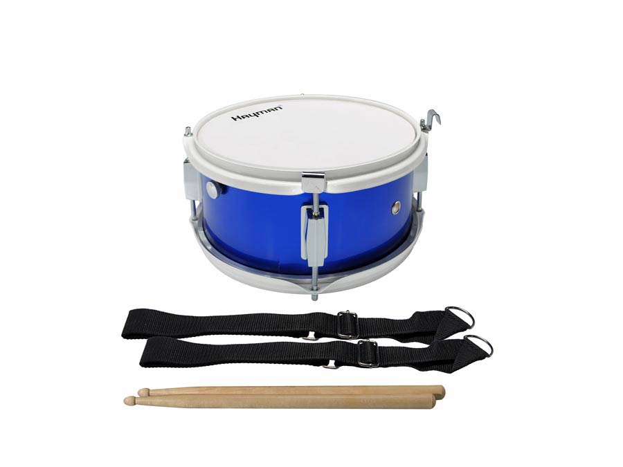 Junior marching snare drum, with belt, 10 inch, 5 inch deep, blue with white hardware