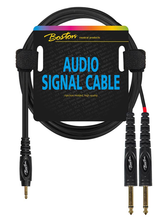 Audio signal cable, 3.5mm jack stereo to 2x 6.3mm jack mono, 0.75 meter