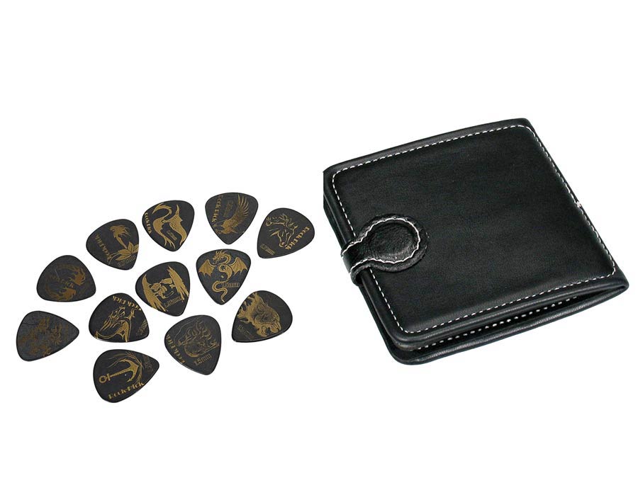 Pick pouch, black, PVC, with 12 delrin picks, gold print