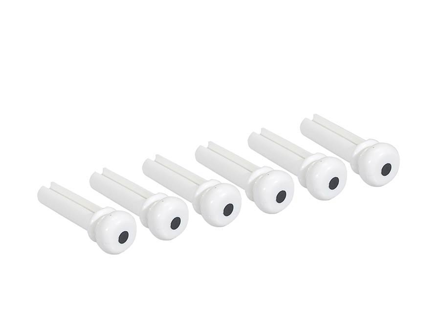 Bass bridge pins, plastic, 6-pack, white with pearloid dot