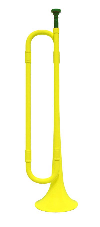 bugle trumpet, plastic, length 50cm, yellow body and green m