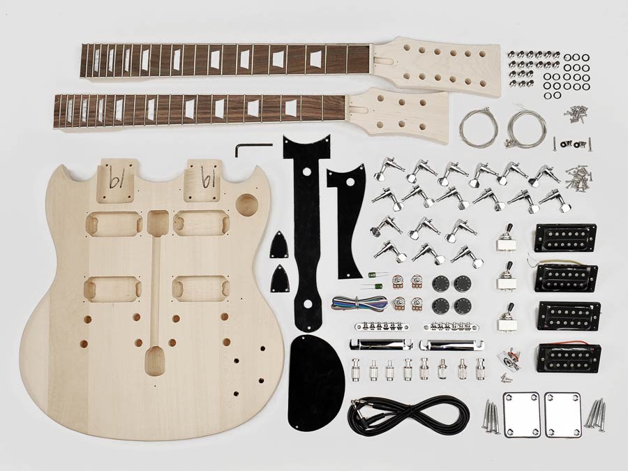 Guitar assembly kit, double neck model, basswood body, 22 frets, bolt-on neck