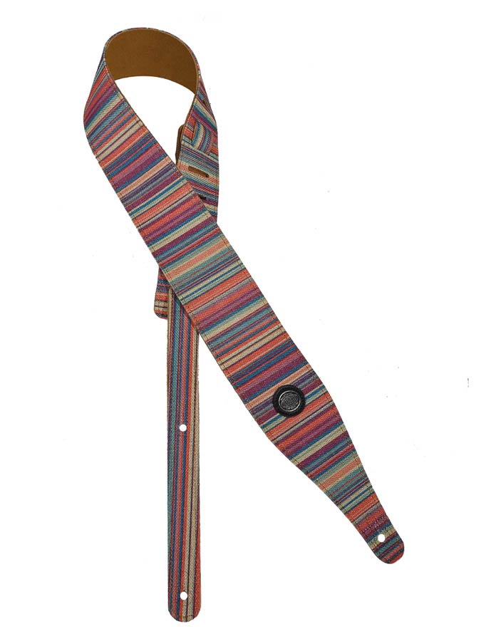 Peace Series Guitar strap, linen colourfull design with suede back, purple stripes