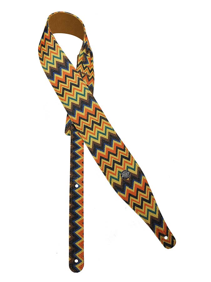 Peace Series Guitar strap, linen colourfull design with suede back, neon zigzag