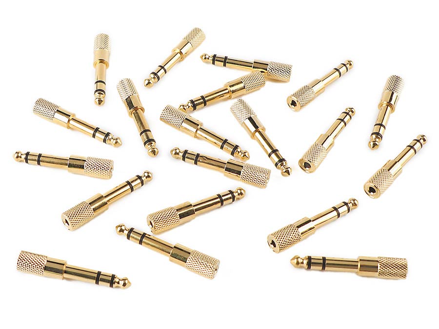 Adaptor, 3,5mm jack female stereo, 20 pcs bulk pack, 6,3mm jack male stereo, gold metal