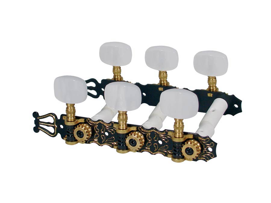 Machine heads for classic guitar, nylon shaft, 3x left+3x right, 70mm, pearloid, black engraved