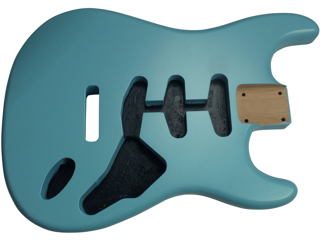 Three piece nitrocellulose satin daphne blue Strat body