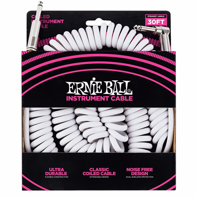 Ernie Ball Coil Cable Straight Angled White 30Ft