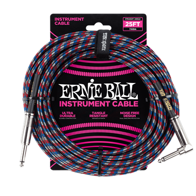 Ernie Ball 25Ft Straight-Angle Braided Black-Red-White